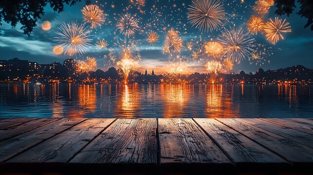 Vibrant fireworks display over a serene lake with reflections viewed from an empty wooden deck at night