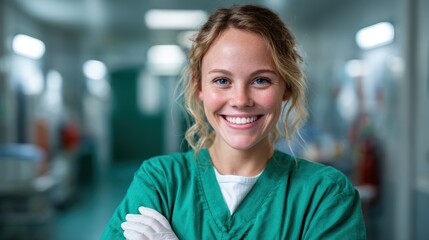 This image features a smiling young nurse in green scrubs, exuding warmth and care, captured in a hospital environment, emphasizing dedication and compassion towards patients.