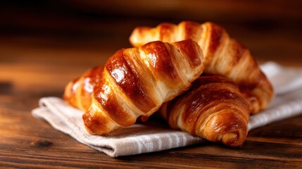 Golden, flaky croissants stacked neatly on a linen cloth, showcasing their buttery texture and inviting aroma, perfect for any breakfast or snack time.