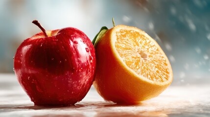 A visually appealing arrangement of a shiny red apple and a juicy orange half, highlighting the freshness and vibrant colors of these popular fruits.