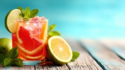 A refreshing cocktail filled with vibrant citrus slices and mint leaves, presented in a clear glass, perfect for a summer day by the beach or pool in a lively setting.
