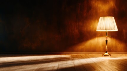 A beautifully designed lamp stands alone, casting a warm and inviting glow that creates a serene atmosphere, highlighting the blend of light and shadow in a peaceful setting.