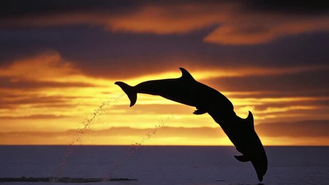 Majestic dolphins leap from ocean waves against a fiery sunset sky.