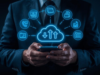 Businessman using smartphone with cloud computing network and digital icons