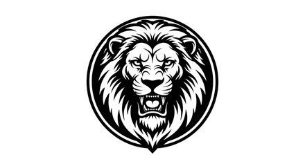 Black and white graphic design of a roaring lion's head, centered in a circle.