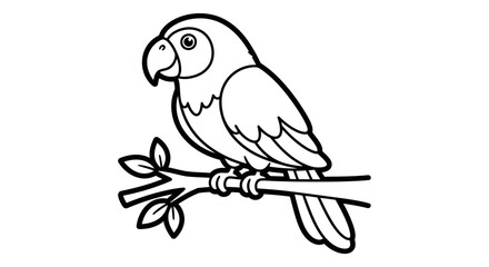 Simple black and white drawing of a parrot perched on a branch.