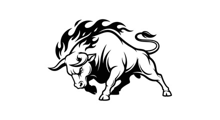 Illustration of a charging bull with flames emanating from its back, depicted in a black and white vector style.
