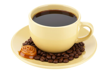 Isolated cup of black coffee on saucer with roasted beans and caramel candy swirl