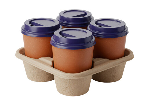 Isolated four paper coffee cups in holder, carrying tray, drinks and beverage cups, lids, isolated