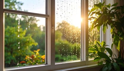 Fototapeta premium Rainy window view at sunset
