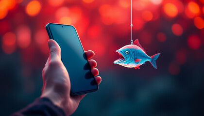 Hand Holding Smartphone with Luminous Fish on Hook Against Red Background