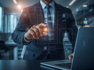 Businessman interacting with futuristic digital interface and laptop