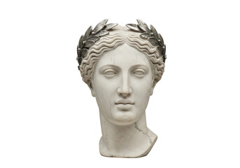 Isolated Bust of Ancient Greek Woman Head with Laurel Wreath Crown, Marble Sculpture