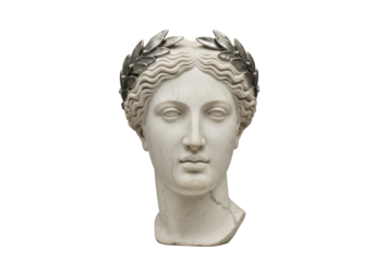 Isolated Bust of Ancient Greek Woman Head with Laurel Wreath Crown, Marble Sculpture