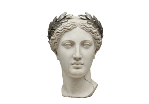 Isolated Bust of Ancient Greek Woman Head with Laurel Wreath Crown, Marble Sculpture