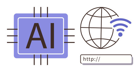 AI chip next to a globe with wireless signal and a URL search bar. Ideal for technology, innovation, connectivity, machine learning, networking, digital transformation, simple flat metaphor