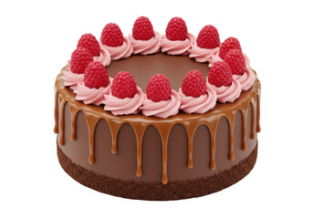 Isolated chocolate cake with raspberries, caramel drips, and pink buttercream frosting