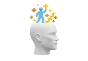 Isolated figure climbing staircase to success out of head, growing mind and idea concepts