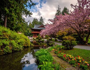 Fototapeta premium Peaceful Japanese garden with cherry blossoms
