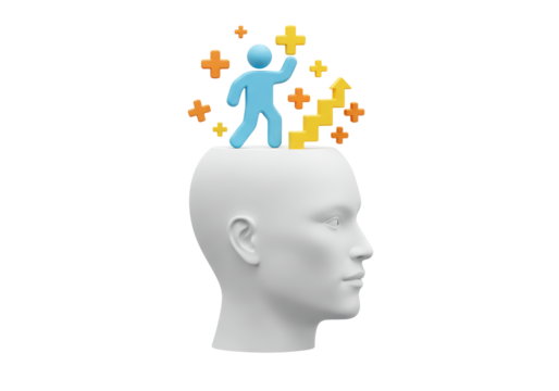 Isolated figure climbing staircase to success out of head, growing mind and idea concepts