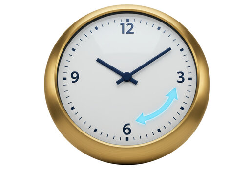 Isolated analog clock showing daylight saving time arrow, watch for time shift change