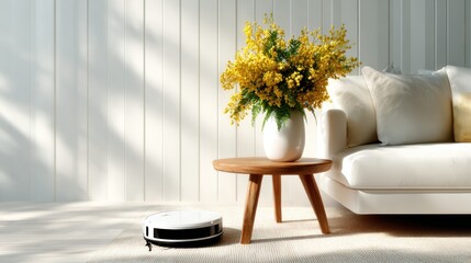 A modern living room setting showcases a vibrant flower arrangement on a wooden table alongside a vacuum, exemplifying cleanliness, comfort, and contemporary home design.