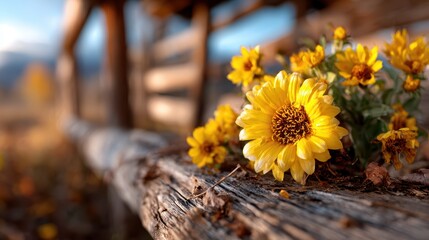 A charming arrangement of bright yellow flowers resting on a rustic wooden fence, evoking a sense of warmth and nostalgia in a picturesque outdoor scene.