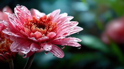A stunning close-up of a pink flower adorned with glistening water droplets, capturing the essence of freshness and natural beauty in a vibrant garden setting.