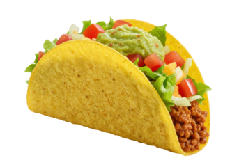 Isolated hard-shell taco with seasoned meat, lettuce, tomato, cheese, and guacamole topping