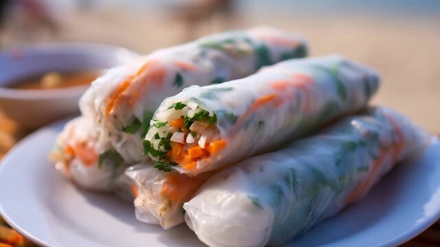 Fresh Vietnamese Spring Rolls Stacked on a Plate with Dipping Sauce.