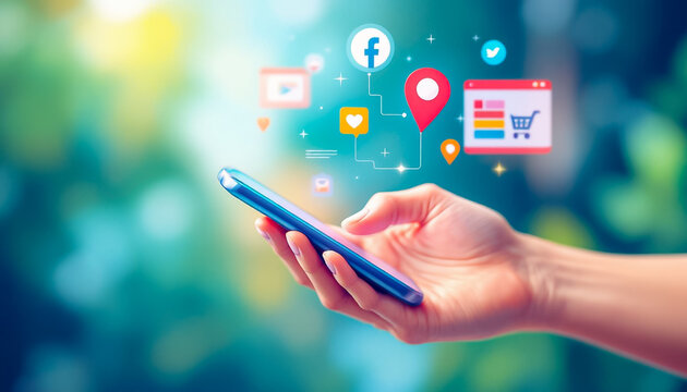 Hand Holding Smartphone with Social Media Icons - Powered by Adobe