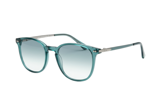 Isolated, turquoise sunglasses with faded lenses sitting at an angle for eyewear fashion shoot