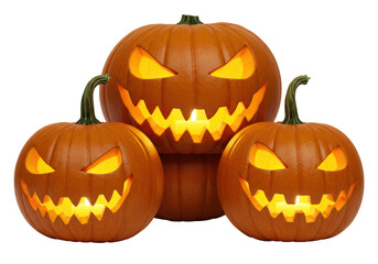 Isolated Halloween jack o' lanterns, scary pumpkin face, holiday decoration, spooky, autumn