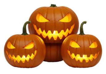 Isolated Halloween jack o' lanterns, scary pumpkin face, holiday decoration, spooky, autumn