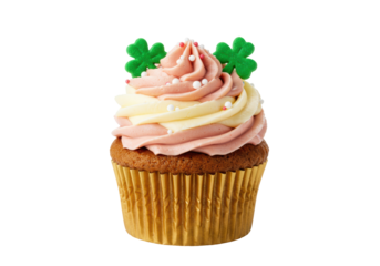 Isolated cupcake with shamrock icing, decorated with sprinkles, dessert baked treat sweets