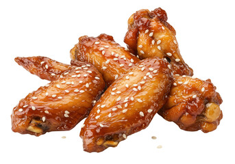 Isolated teriyaki chicken wings with sesame seeds on top, a tasty and popular appetizer