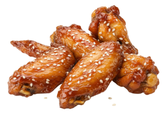 Isolated teriyaki chicken wings with sesame seeds on top, a tasty and popular appetizer