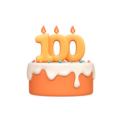 Cartoon 3D Birthday Cake with Candle Number 100. One Hundredth Birthday Milestone Cake