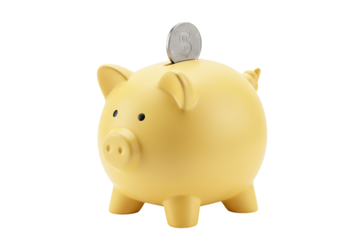 Isolated yellow piggy bank with a coin depositing for saving money for future plan