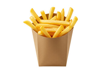 Isolated box of golden French fries, potato chips deep fried and ready to eat now
