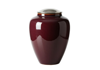 Isolated shiny dark reddish-brown funeral cremation urn with a silver lid, for ashes or remains