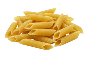 Isolated dried penne pasta ready for cooking, in a pile, for Italian cuisine dishes