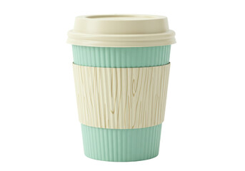 Isolated mint green reusable coffee mug with a wood grain sleeve and lid for travel