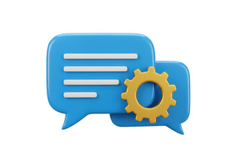 Isolated message bubble and gear wheel icon for communication and technical settings, 3D rendering