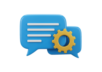 Isolated message bubble and gear wheel icon for communication and technical settings, 3D rendering
