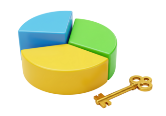 Isolated Pie chart with three colored segments and a golden key near it for business solutions