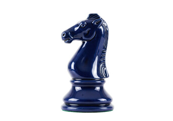 Isolated chess piece knight, dark blue design, strategy game, glossy figurine, game piece