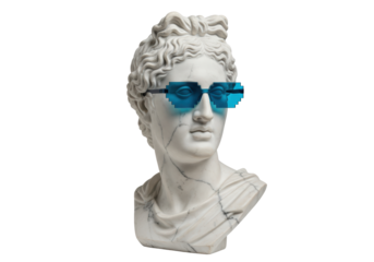 Isolated Sculpture of Apollo wearing blue pixelated glasses with marble detail art