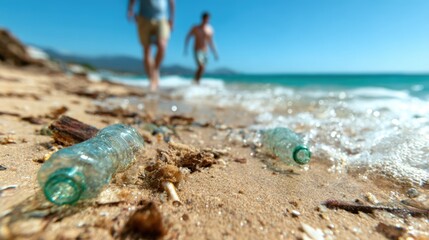 A beach scene showing plastic bottles littering the sand, with two individuals walking in the background, emphasizing the urgent need for environmental awareness and action.