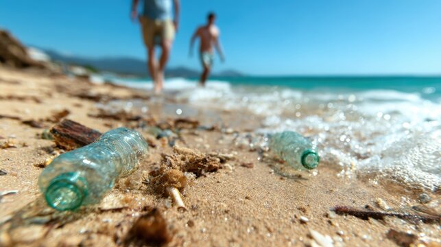 A beach scene showing plastic bottles littering the sand, with two individuals walking in the background, emphasizing the urgent need for environmental awareness and action.
